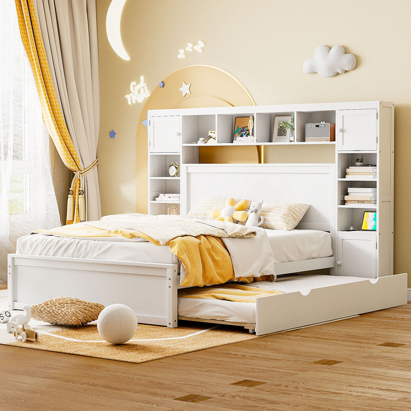 DreamHaus twin long trundle cabinet bed with integrated shelf, storage cabinet, and sockets, featuring a modern design and clean lines.