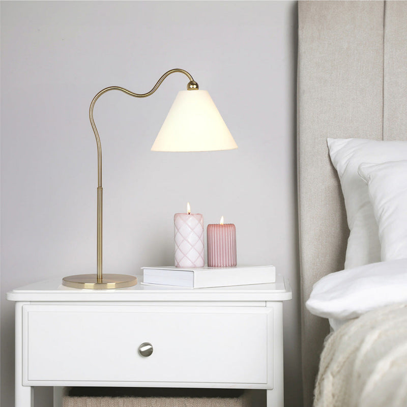 Ornate - Ring Base Curved Table Lamp With Triangle Drum Shade - Gold / White - R&R Furniture Gallery (Fountain Valley, CA)