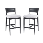 Set of two Life Outside modern outdoor bar stools with backrests and footrests, featuring sleek metal frames and comfortable seating.