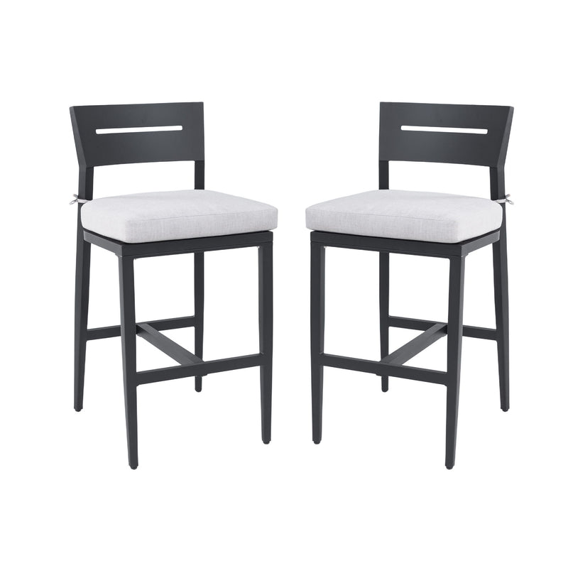 Set of two Life Outside modern outdoor bar stools with backrests and footrests, featuring sleek metal frames and comfortable seating.