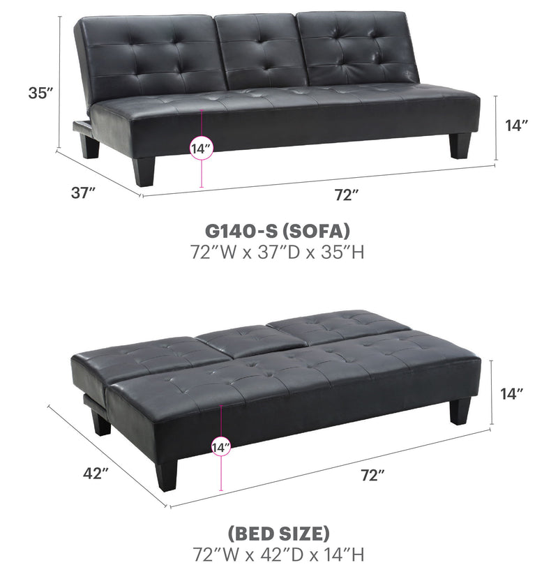 Glory Furniture Richie futon sofa bed with plush cushions and wooden legs, ideal for versatile living room seating and sleeping space.