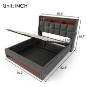 Artistry At Home upholstered platform bed with hydraulic storage, LED lighting, and USB charging ports, shown without mattress.
