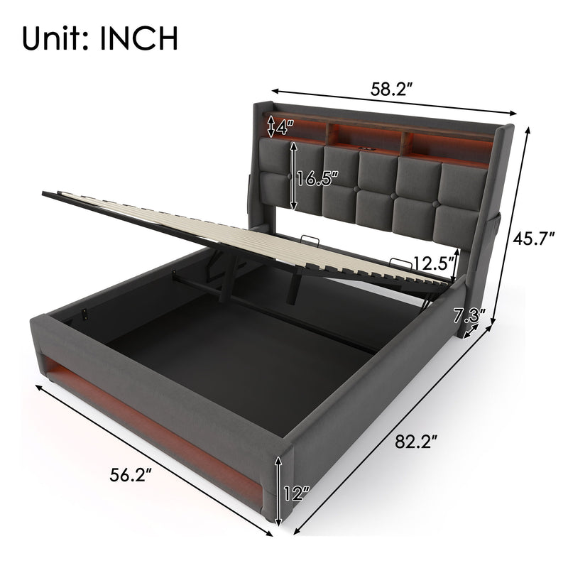 Artistry At Home upholstered platform bed with hydraulic storage, LED lighting, and USB charging ports, shown without mattress.