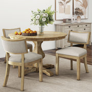 Noble House farmhouse style fabric upholstered side dining chairs with wooden legs, set of two, featuring cushioned seats and backrests.