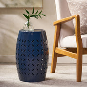 Navy blue outdoor lace cut side table by Noble House, featuring intricate lace design and sturdy metal frame for patio decor.