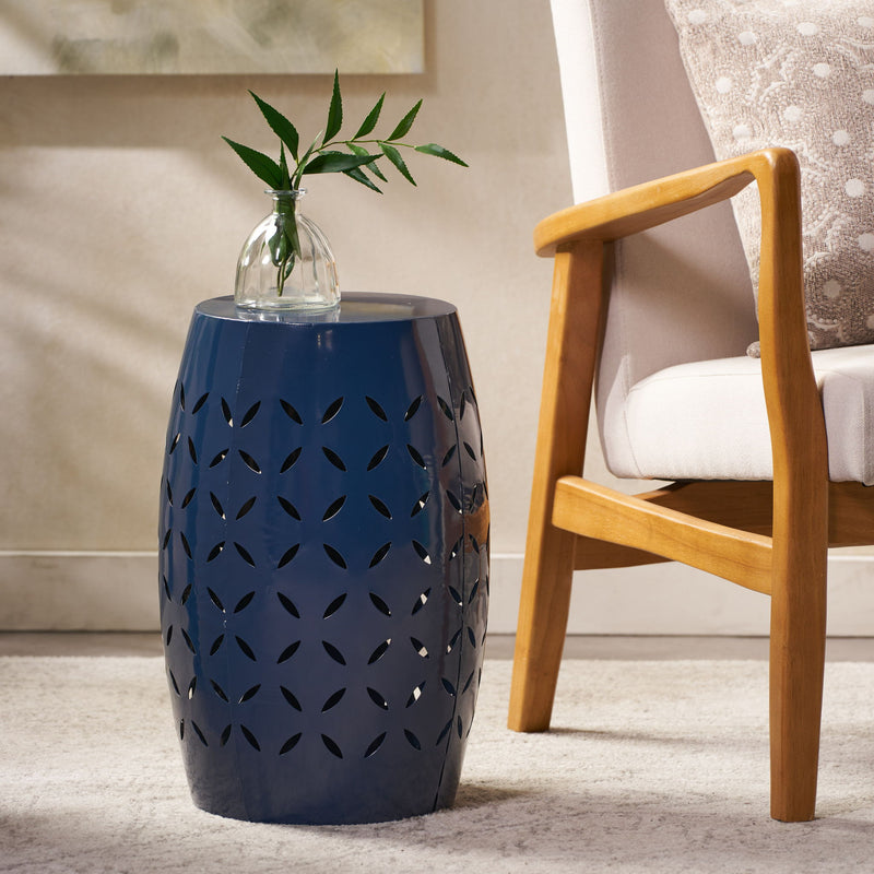 Navy blue outdoor lace cut side table by Noble House, featuring intricate lace design and sturdy metal frame for patio decor.