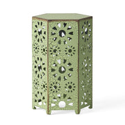 Noble House Galore side table with sunburst cut-out design, round wooden surface and decorative openwork base.