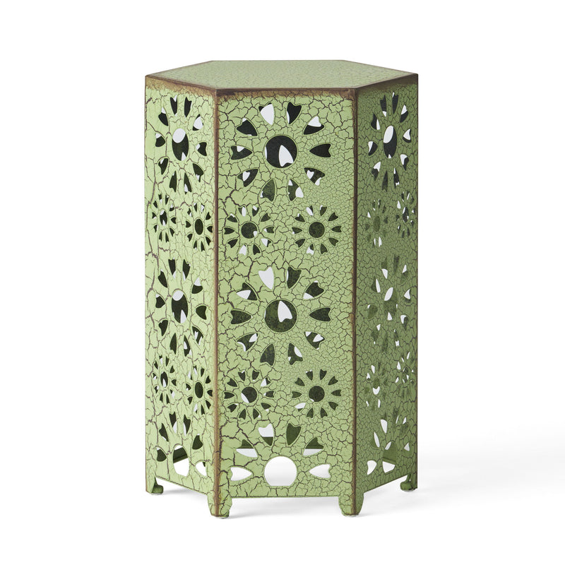 Noble House Galore side table with sunburst cut-out design, round wooden surface and decorative openwork base.