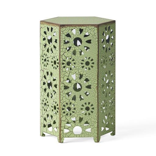 Noble House Galore side table with sunburst cut-out design, round wooden surface and decorative openwork base.