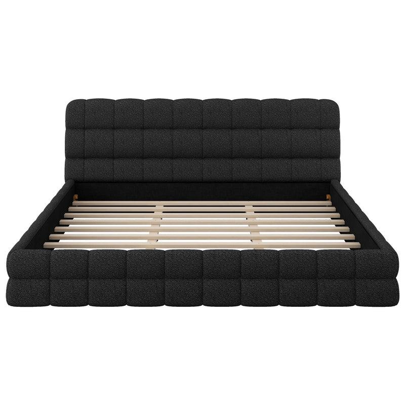 Upholstered platform bed with headboard in neutral fabric, featuring clean lines and a modern design by Dreamland.