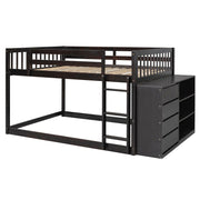 DreamHaus bunk bed with built-in four drawers and three shelves, featuring a sturdy wooden frame and modern design.
