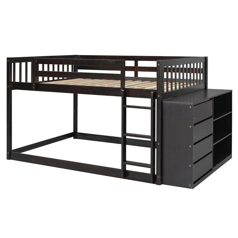 DreamHaus bunk bed with built-in four drawers and three shelves, featuring a sturdy wooden frame and modern design.