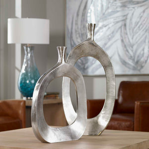 Set of two Pearl Silver aluminum vases from Uttermost, featuring sleek, modern design perfect for home decor.