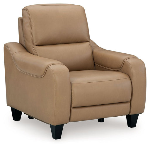 Ashley Mosswell power recliner with adjustable headrest in toffee leather, showcasing plush cushioning and modern design.