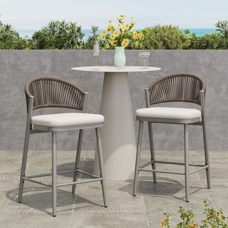 Outdoor 26" Counter Height Metal Frame Counter Stools With Scallop Shaped Backrest & Water Resistant Cushions - R&R Furniture Gallery (Fountain Valley, CA)