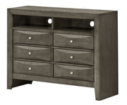 Glory Furniture Marilla media chest with multiple drawers and a sleek dark finish, ideal for organizing media devices and accessories.