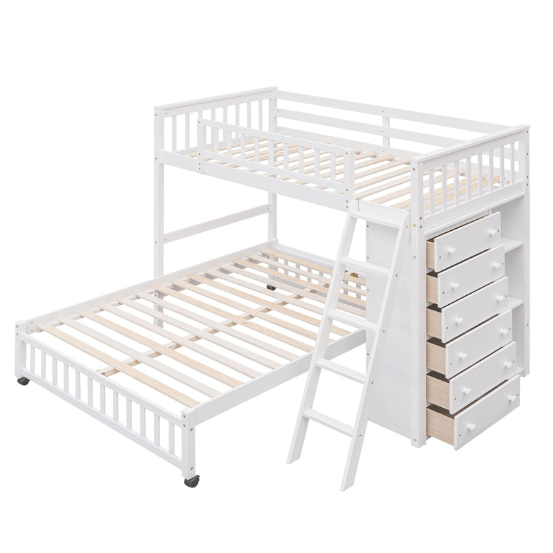 DreamHaus bunk bed with six drawers, flexible shelves, and a bottom bed on wheels, featuring a modern wooden frame and safety rails.