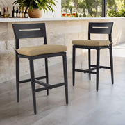 Set of two Life Outside modern outdoor bar stools with backrests and footrests, ideal for patio or backyard seating.