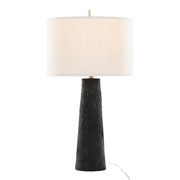 Set of two Lumi Source Kona contemporary table lamps with matte black bases, modern brass accents, and natural fabric shades.