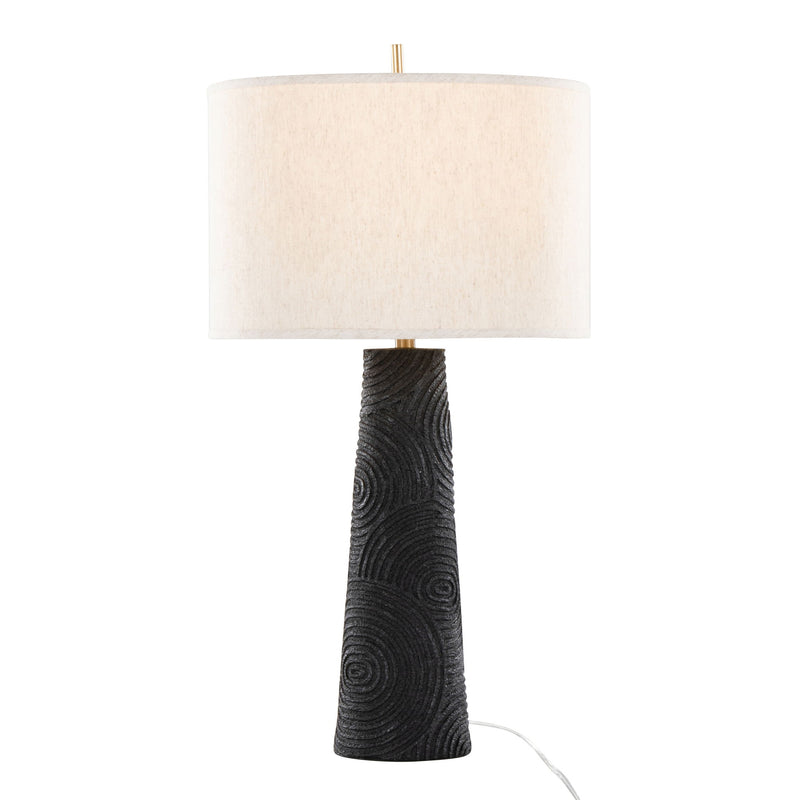 Set of two Lumi Source Kona contemporary table lamps with matte black bases, modern brass accents, and natural fabric shades.