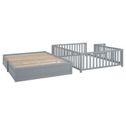 DreamHaus storage daybed with fence guardrails and two drawers, split into independent floor bed and daybed for versatile sleeping spaces.