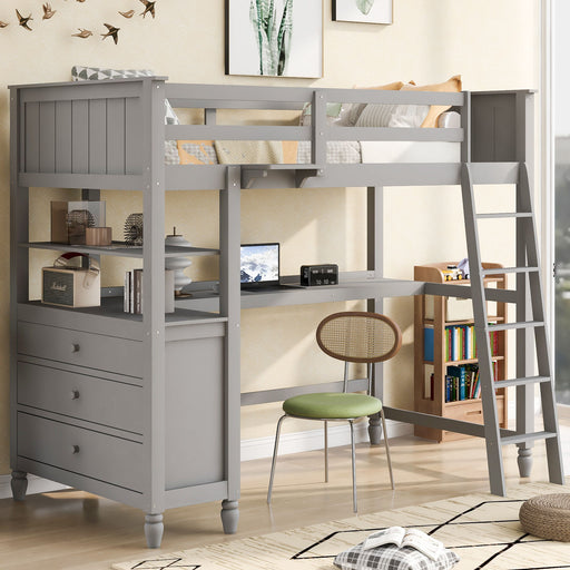 DreamHaus loft bed with built-in drawers, desk, and shelves, featuring a modern design for space-saving bedroom organization.
