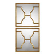 Pair of Uttermost Misa Square Wall Mirrors with gold frames, modern design, hanging on a wall in a stylish interior setting