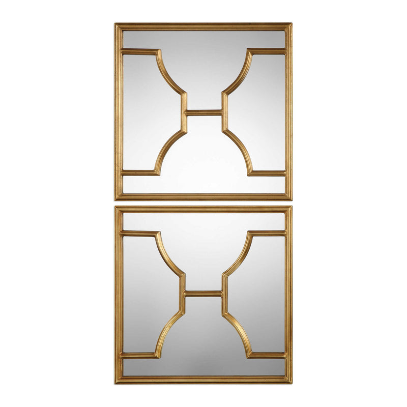 Pair of Uttermost Misa Square Wall Mirrors with gold frames, modern design, hanging on a wall in a stylish interior setting
