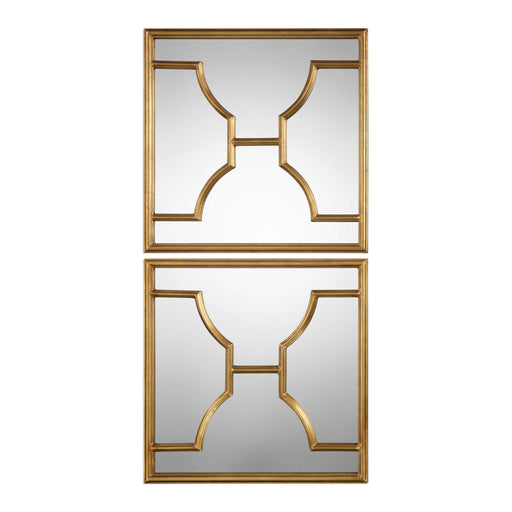 Pair of Uttermost Misa Square Wall Mirrors with gold frames, modern design, hanging on a wall in a stylish interior setting