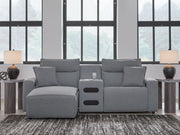 Signature Design by Ashley Modmax II reclining sectional in salt and pepper fabric, showing plush cushions and reclining features.
