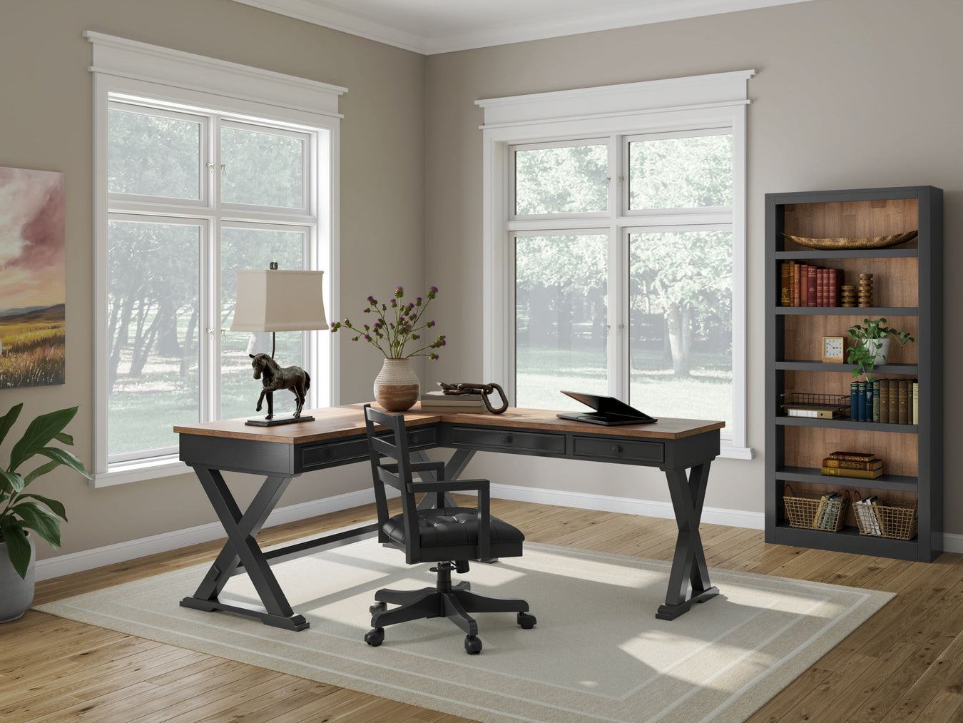 Wildenauer - 4 Pc. - Home Office Desk And Return, Swivel Desk Chair, Bookcase - Brown / Black - R&R Furniture Gallery (Fountain Valley, CA)
