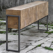 Light brown Nevis contemporary console table by Uttermost with sleek, modern design and smooth surface for stylish entryway decor.