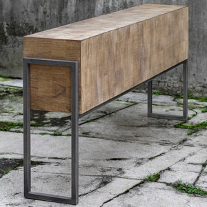 Light brown Nevis contemporary console table by Uttermost with sleek, modern design and smooth surface for stylish entryway decor.