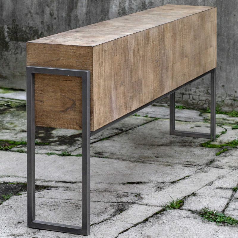 Light brown Nevis contemporary console table by Uttermost with sleek, modern design and smooth surface for stylish entryway decor.