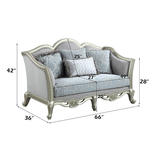 Qunsia - Loveseat With 4 Pillows - Light Gray Linen & Champagne - R&R Furniture Gallery (Fountain Valley, CA)