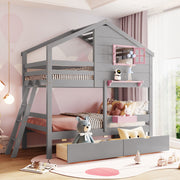 DreamHaus bunk bed with playhouse roof and window, featuring a sturdy wooden frame and cozy design for kids' bedroom.