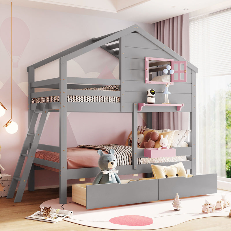 DreamHaus bunk bed with playhouse roof and window, featuring a sturdy wooden frame and cozy design for kids' bedroom.