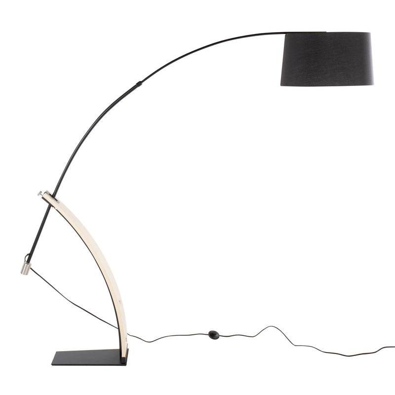 Lumi Source Robyn floor lamp with a natural wood finish and black metal base, modern design for living room or bedroom lighting.