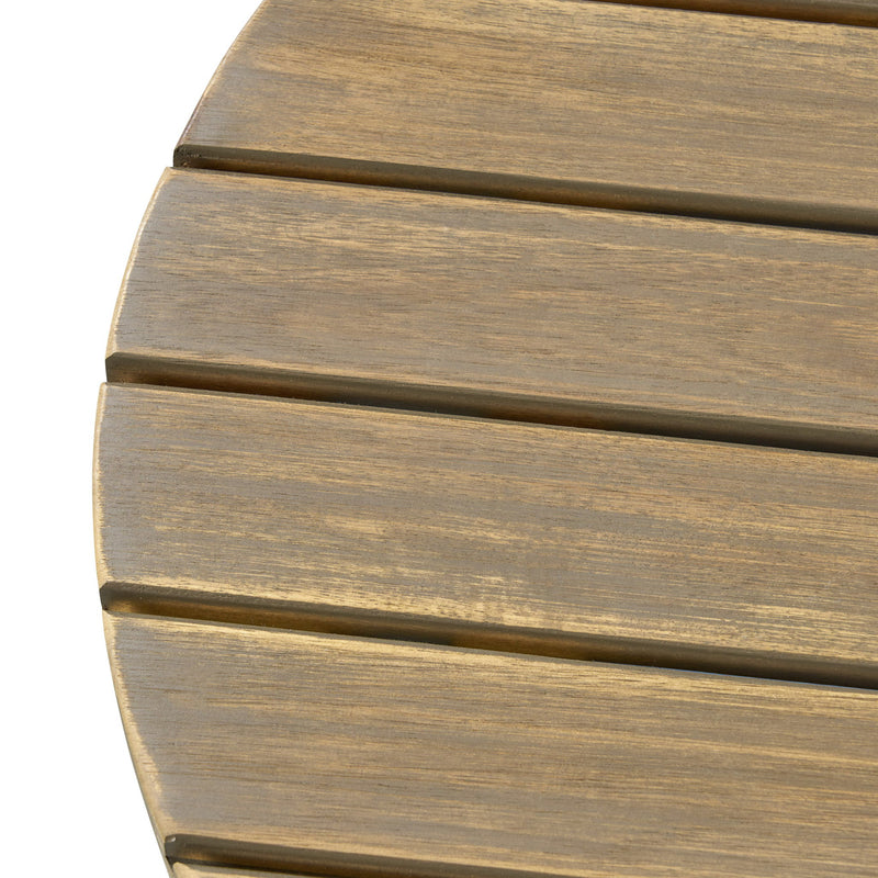 Outdoor acacia wood side table by Noble House with weather-resistant finish, featuring a sturdy, natural wood surface for outdoor use.