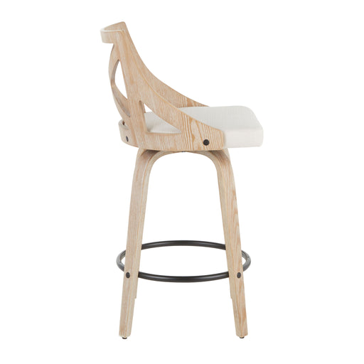 Set of two Lumi Source Charlotte farmhouse counter stools with white washed finish, fixed height, and swivel seats.