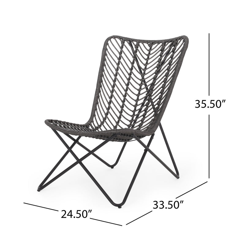 Set of two Noble House outdoor wicker chairs with geometric cross metal bases in gray, suitable for patio or garden seating.