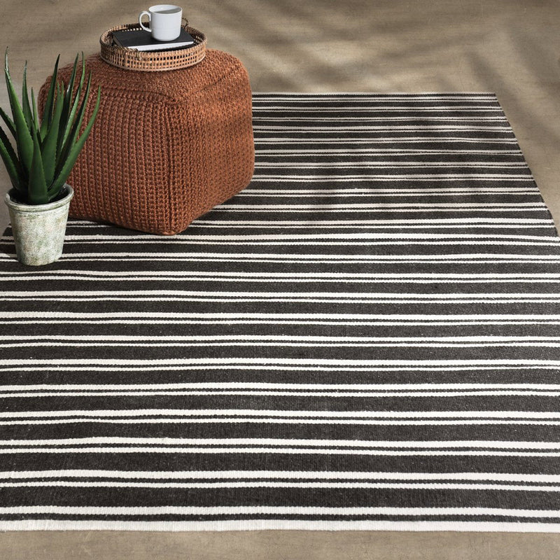 Classic Home Palma Stripe Rug showing beige and navy striped pattern on soft woven area rug.