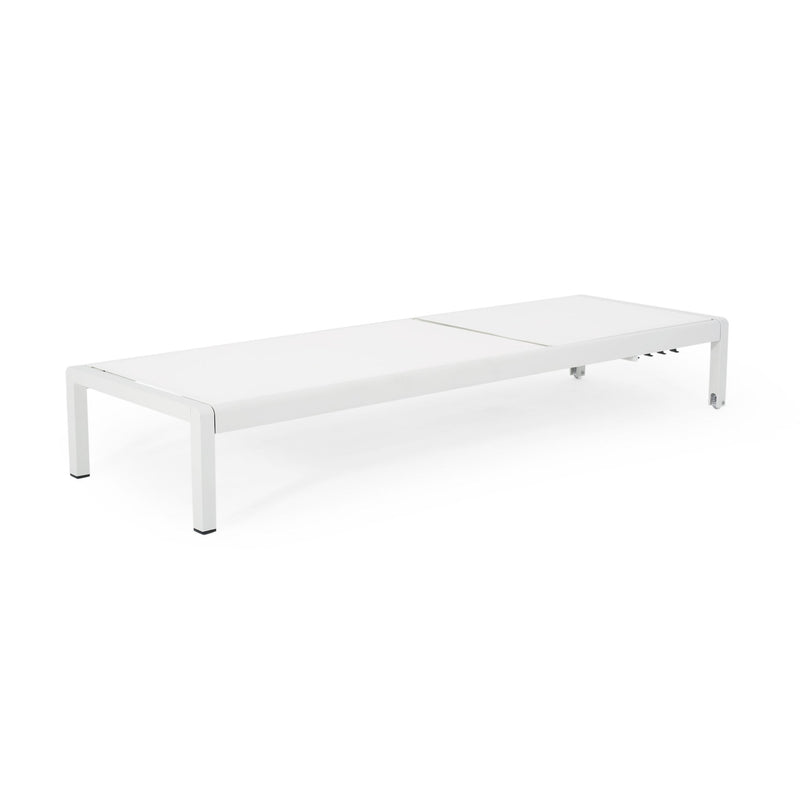 Noble House outdoor patio chaise lounge with five adjustable reclining positions, featuring cushioned seating for outdoor relaxation.
