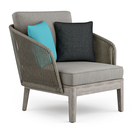 Simpli-Home Carmel outdoor conversation chair in Sand Drift color, arm chair with cushioned seat and backrest for outdoor patio.
