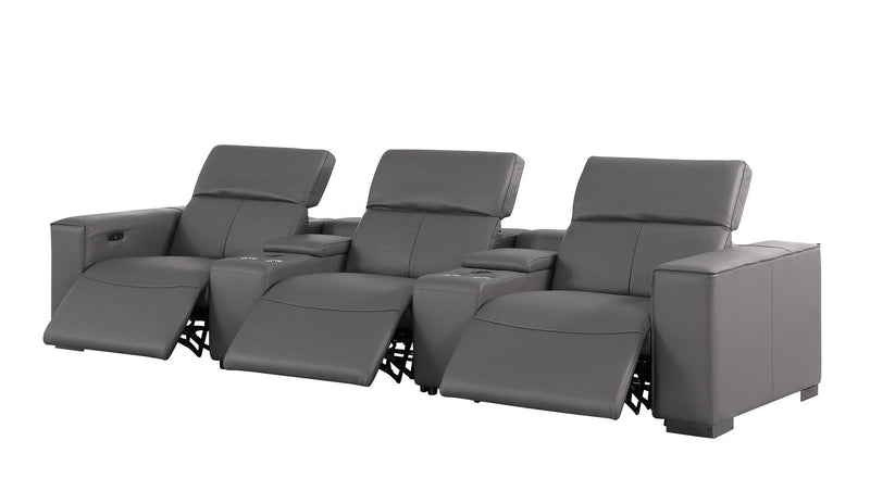 1208 - Leather Sofa With 3 Power Recliners And Two Storage Consoles