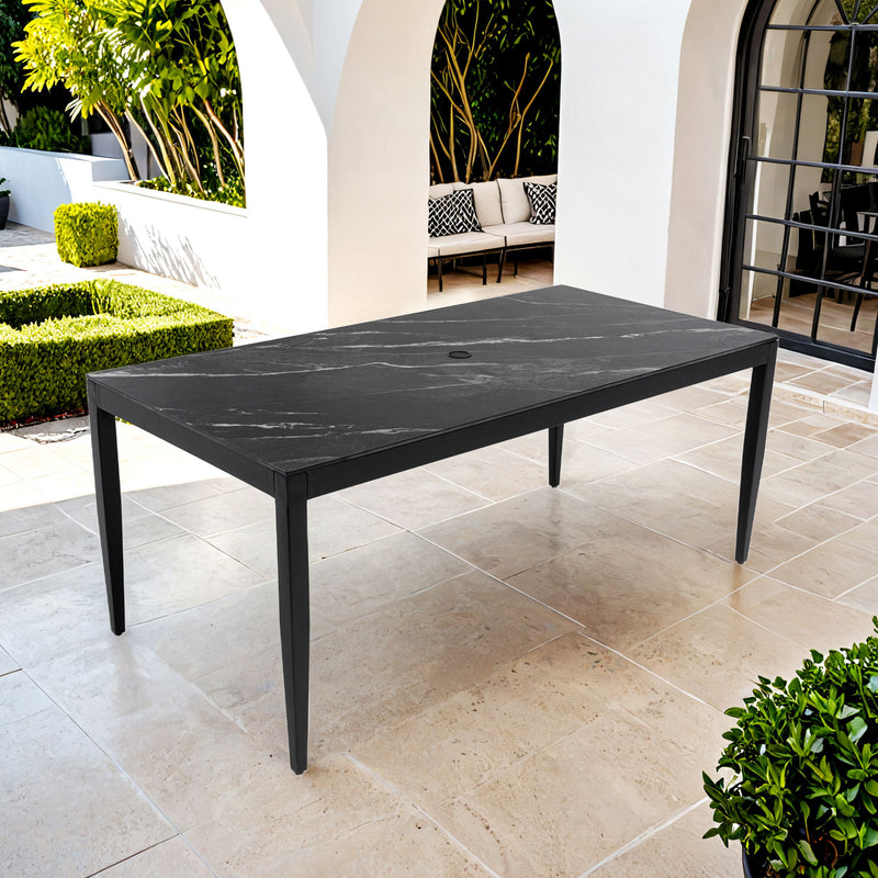 Modern outdoor patio dining table by Life Outside with tapered legs, weatherproof, rust-free, perfect for outdoor dining spaces.