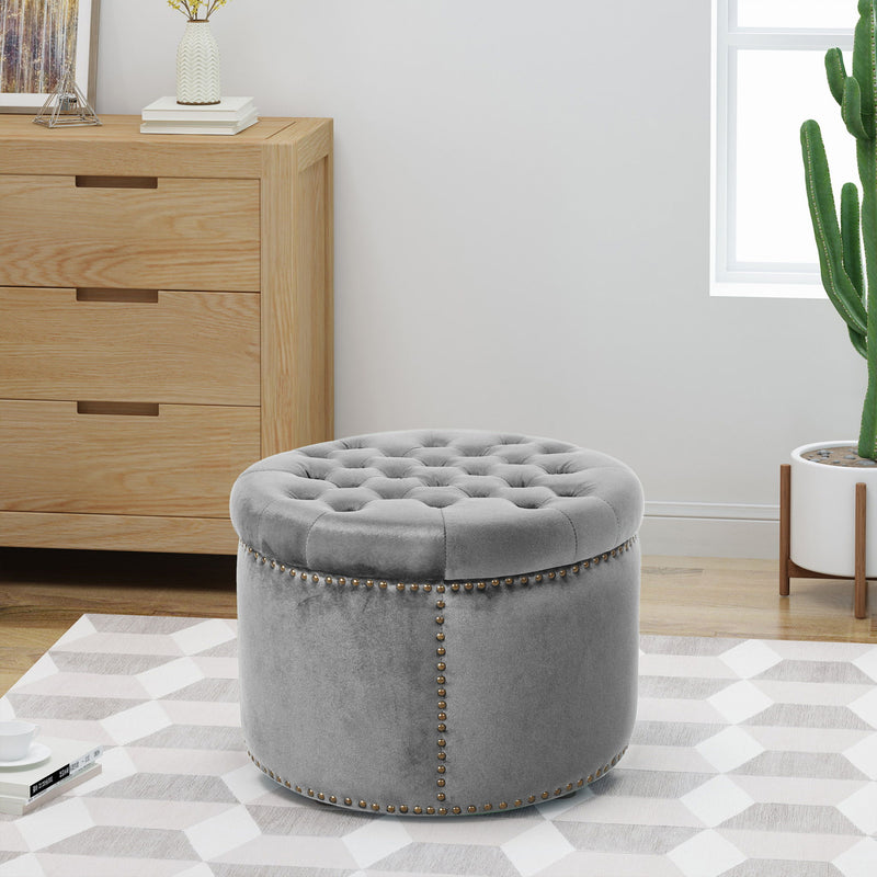 Elegant Round Ottoman Footstool With Studded Rim - R&R Furniture Gallery (Fountain Valley, CA)