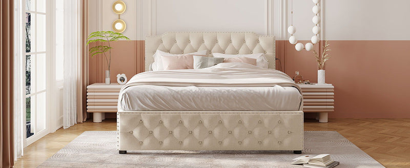 Upholstered Platform Bed With 2 Drawers And 2 Sets Of USB Ports On Each Side, Fabric - R&R Furniture Gallery (Fountain Valley, CA)