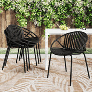 Set of two Noble House stackable outdoor chairs with breathable plastic backrests, ideal for patio or garden seating.