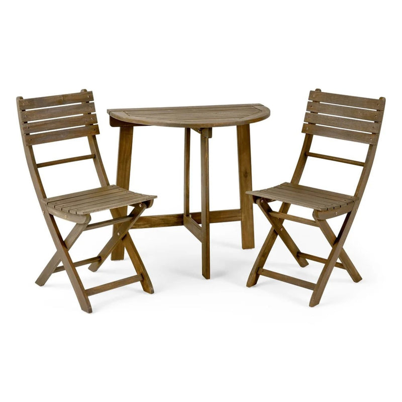 Noble House outdoor 3-piece half round folding bistro set with two chairs and a round table on patio.